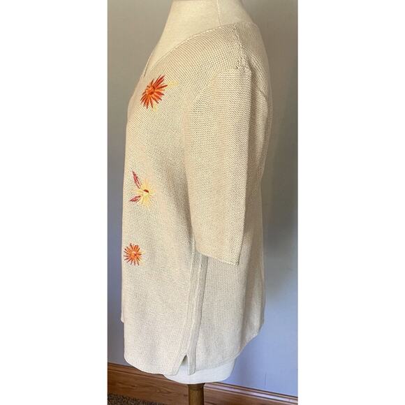 J Jill Sweater Sz Small Beige Embroidered Floral Linen Blend Lightweight Comfy - Picture 7 of 14